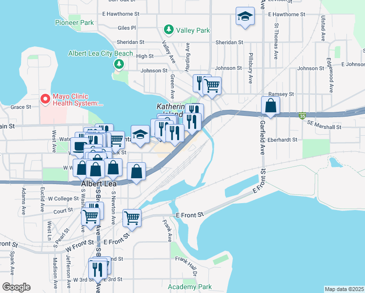 map of restaurants, bars, coffee shops, grocery stores, and more near 620 East Main Street in Albert Lea