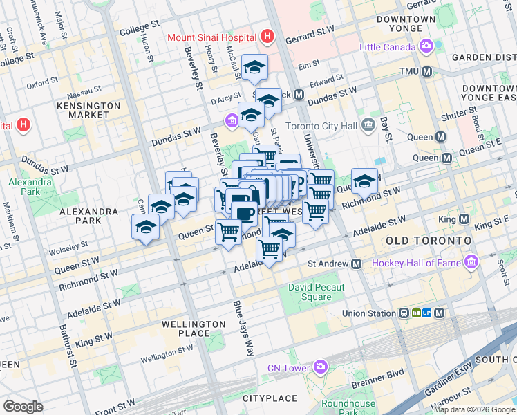 map of restaurants, bars, coffee shops, grocery stores, and more near 246 Queen Street West in Toronto
