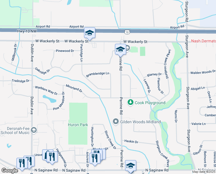 map of restaurants, bars, coffee shops, grocery stores, and more near 4212 Partridge Lane in Midland