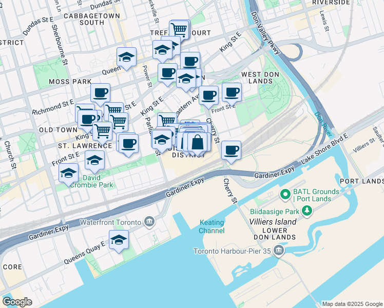 map of restaurants, bars, coffee shops, grocery stores, and more near 9 Trinity Street in Toronto
