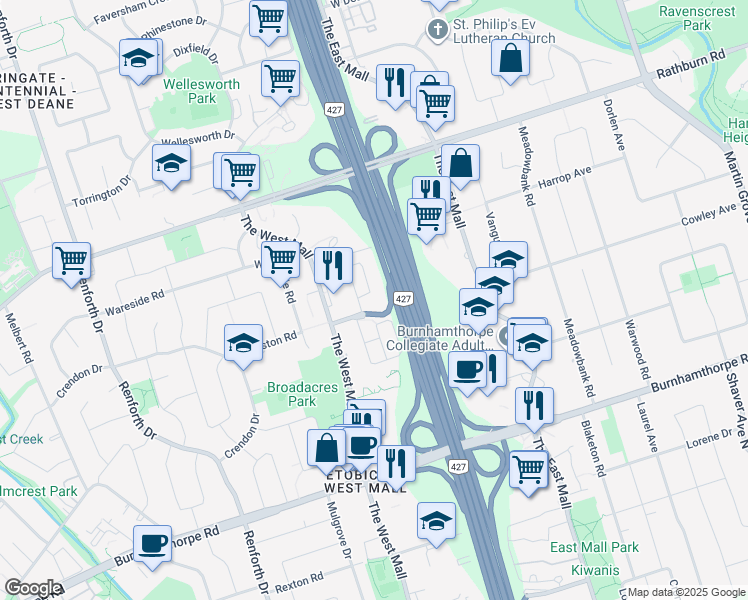 map of restaurants, bars, coffee shops, grocery stores, and more near 7 Applewood Lane in Toronto