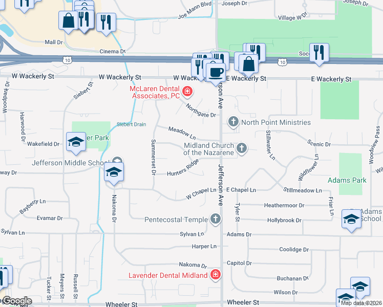 map of restaurants, bars, coffee shops, grocery stores, and more near 300 Mayfield Lane in Midland