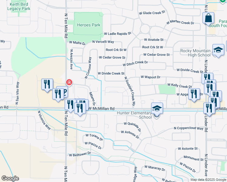 map of restaurants, bars, coffee shops, grocery stores, and more near 2739 West Selway Rapids Lane in Meridian