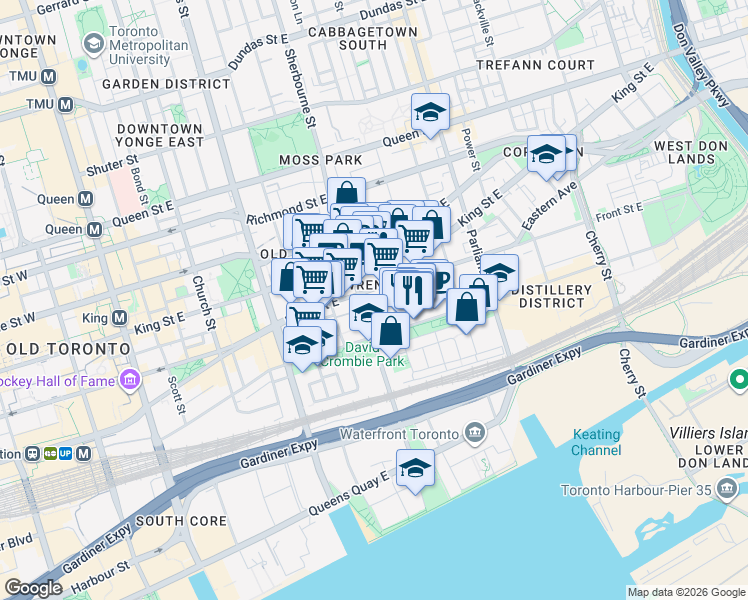 map of restaurants, bars, coffee shops, grocery stores, and more near 135 Lower Sherbourne Street in Toronto