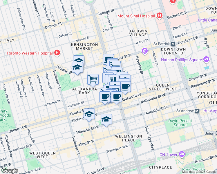 map of restaurants, bars, coffee shops, grocery stores, and more near 61 Cameron Street in Toronto