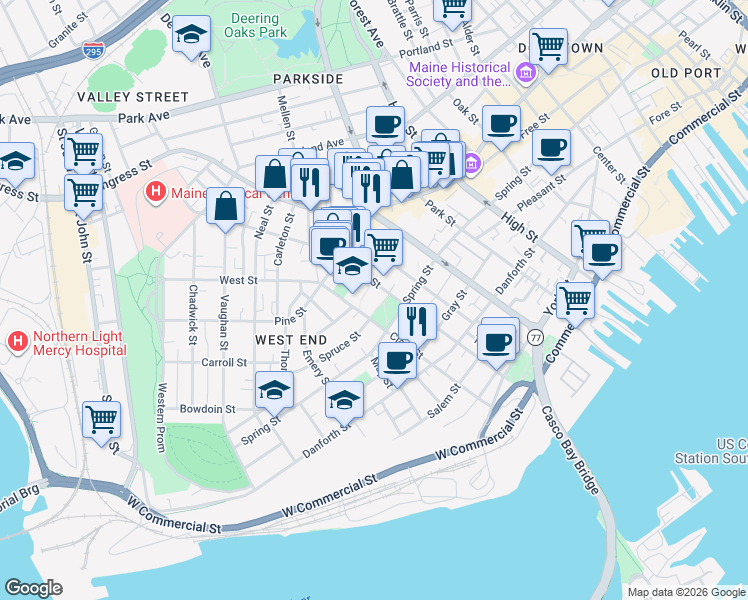 map of restaurants, bars, coffee shops, grocery stores, and more near 162 Clark Street in Portland