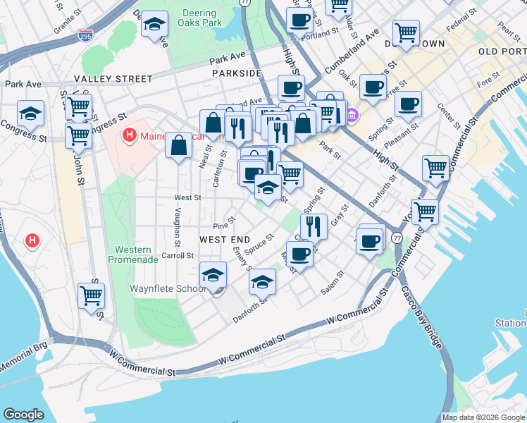 map of restaurants, bars, coffee shops, grocery stores, and more near 162 Clark Street in Portland