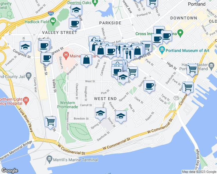 map of restaurants, bars, coffee shops, grocery stores, and more near 11 Carleton Street in Portland