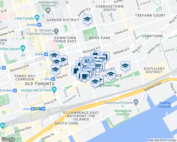 map of restaurants, bars, coffee shops, grocery stores, and more near 85 Jarvis Street in Toronto