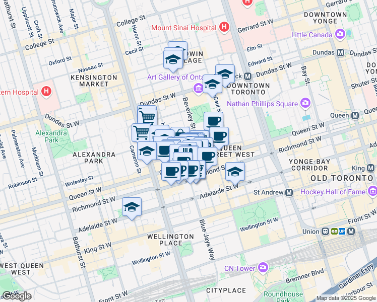 map of restaurants, bars, coffee shops, grocery stores, and more near in Toronto