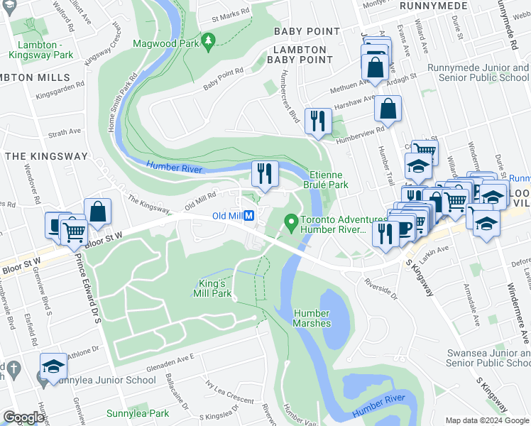 map of restaurants, bars, coffee shops, grocery stores, and more near 39 Old Mill Road in Toronto