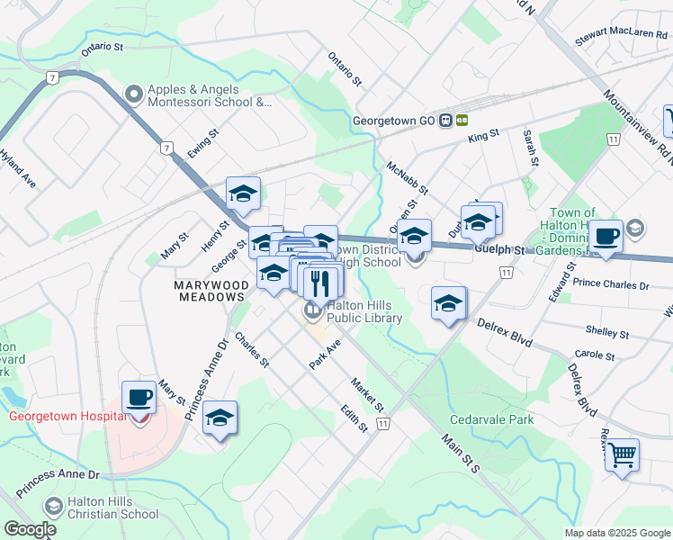 map of restaurants, bars, coffee shops, grocery stores, and more near 62 Park Avenue in Halton Hills