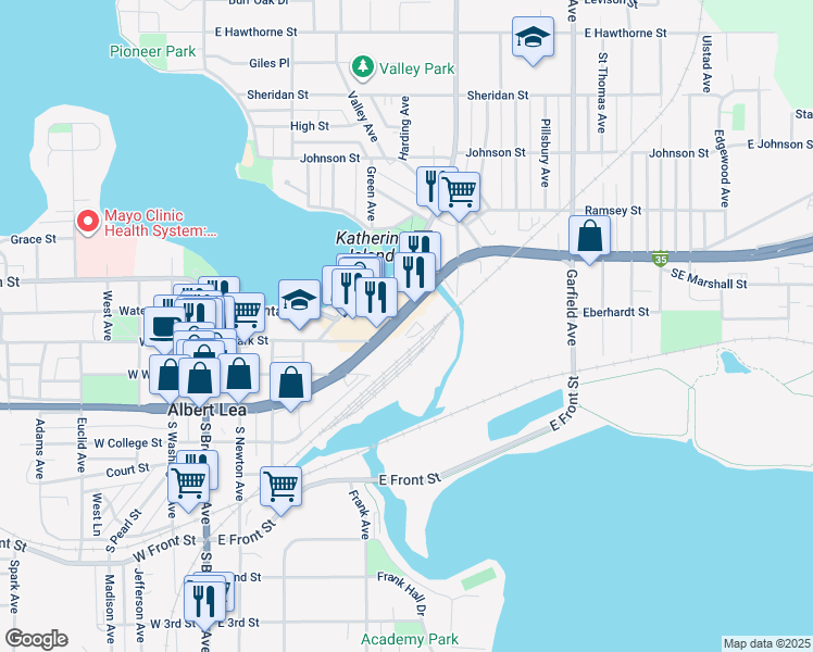 map of restaurants, bars, coffee shops, grocery stores, and more near 620 East Main Street in Albert Lea
