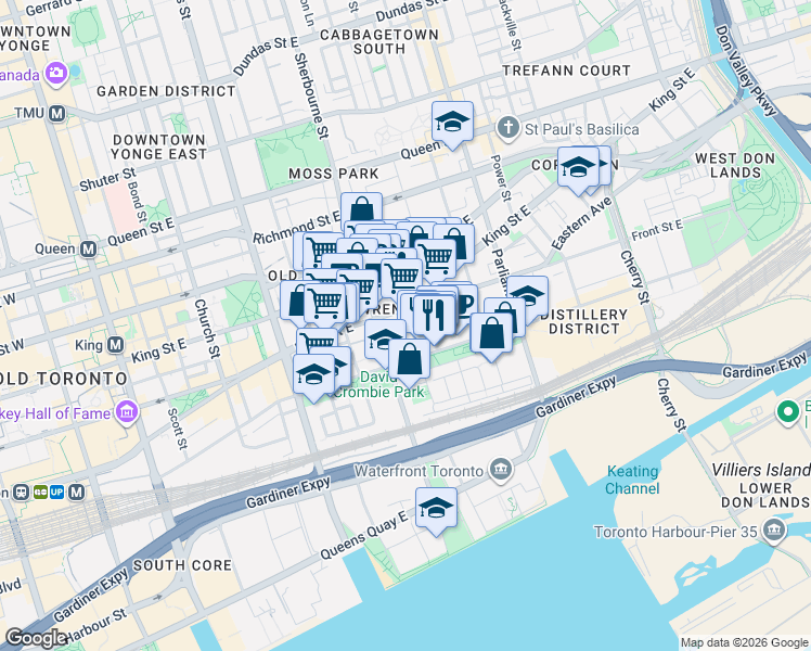 map of restaurants, bars, coffee shops, grocery stores, and more near 70 Princess Street in Toronto