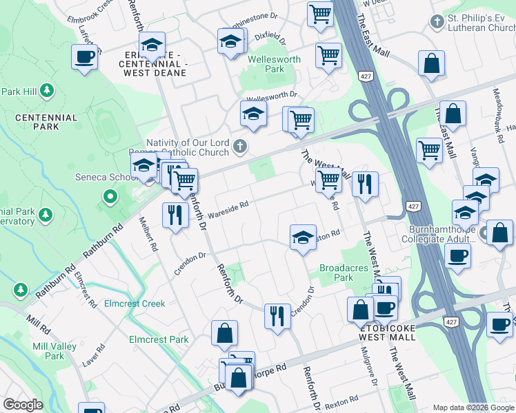 map of restaurants, bars, coffee shops, grocery stores, and more near 23 Groverdale Road in Toronto