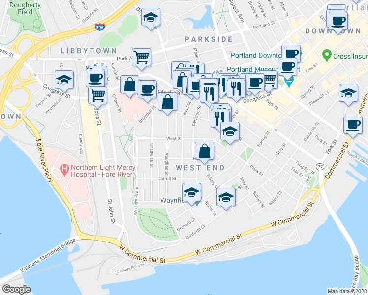 map of restaurants, bars, coffee shops, grocery stores, and more near 99 Neal Street in Portland