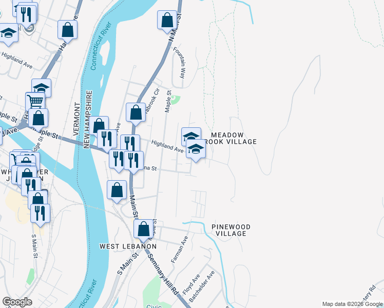 map of restaurants, bars, coffee shops, grocery stores, and more near 5 White Avenue in Lebanon
