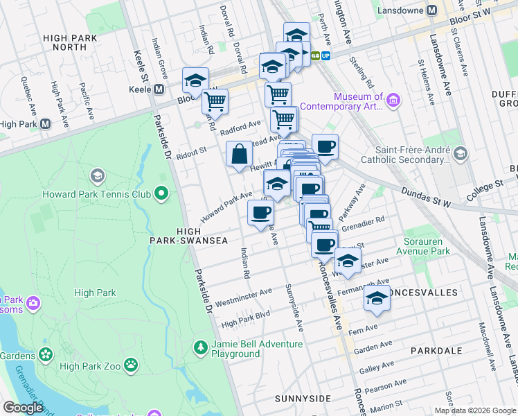 map of restaurants, bars, coffee shops, grocery stores, and more near 384 Sunnyside Avenue in Toronto