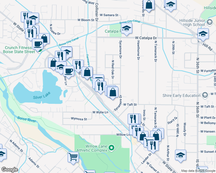 map of restaurants, bars, coffee shops, grocery stores, and more near 4542 West Magnolia Street in Boise