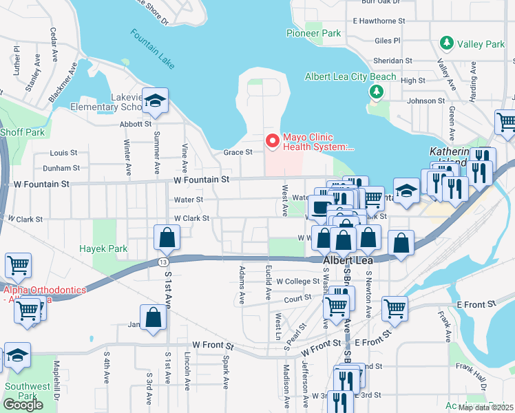 map of restaurants, bars, coffee shops, grocery stores, and more near 525 West Clark Street in Albert Lea