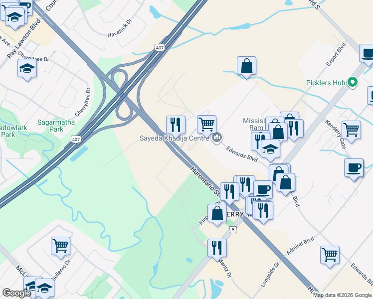 map of restaurants, bars, coffee shops, grocery stores, and more near 30 Topflight Drive in Mississauga