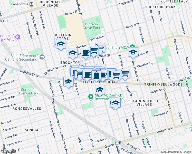 map of restaurants, bars, coffee shops, grocery stores, and more near 646 Dufferin Street in Toronto