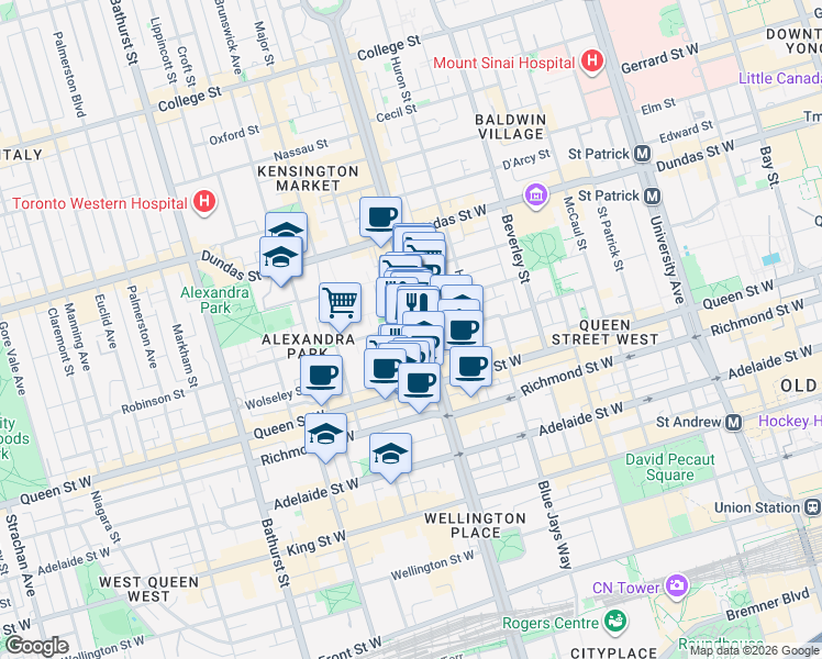 map of restaurants, bars, coffee shops, grocery stores, and more near in Toronto