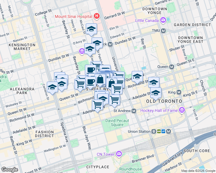 map of restaurants, bars, coffee shops, grocery stores, and more near 245 Queen Street West in Toronto
