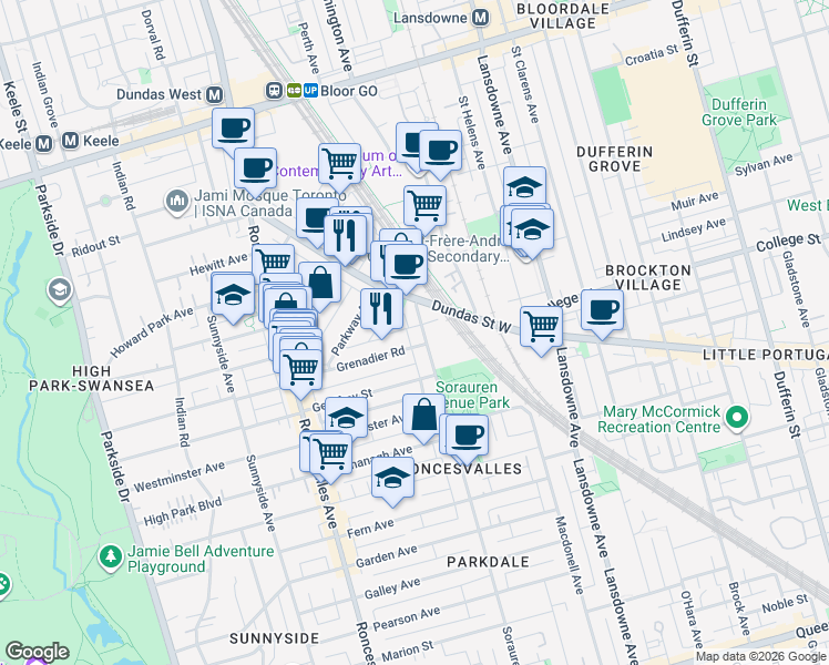 map of restaurants, bars, coffee shops, grocery stores, and more near 1 Columbus Avenue in Toronto