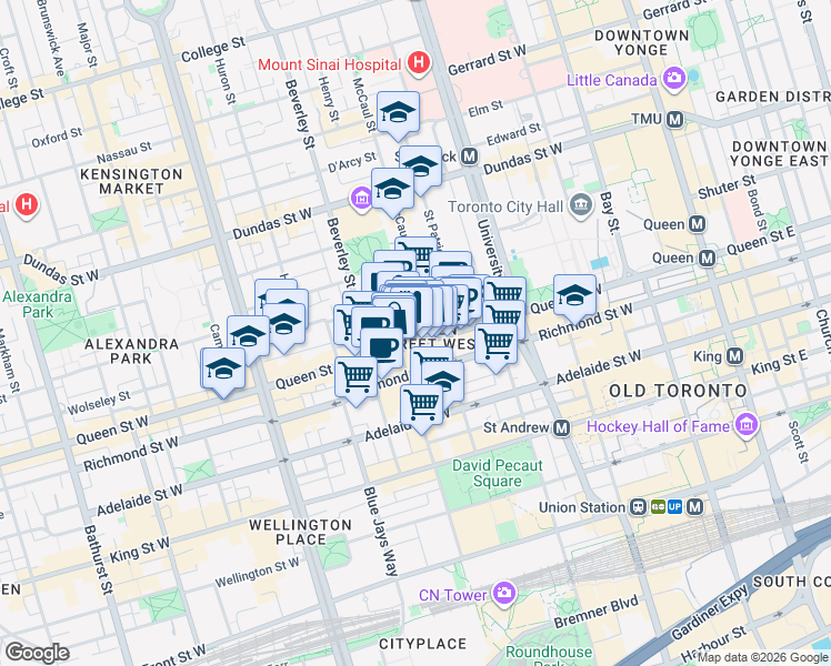 map of restaurants, bars, coffee shops, grocery stores, and more near 238 Queen Street West in Toronto