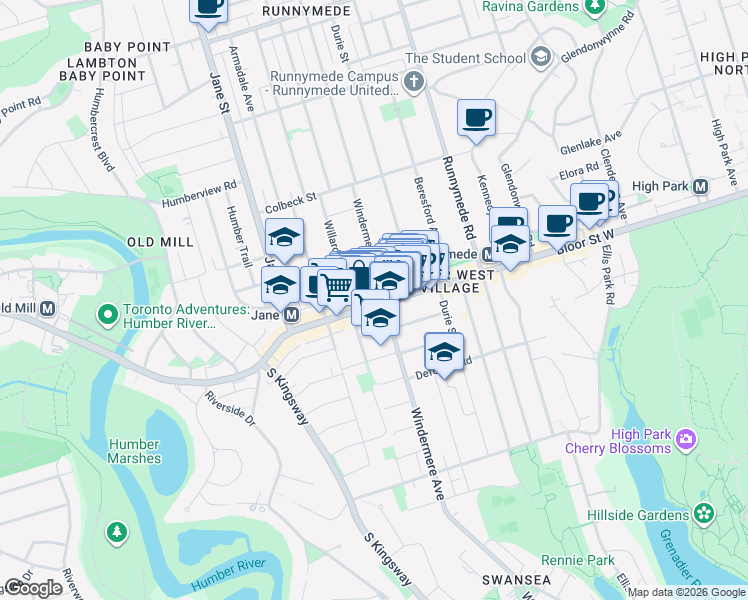 map of restaurants, bars, coffee shops, grocery stores, and more near 2340 Bloor Street West in Toronto