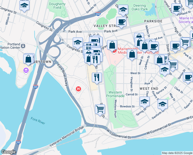 map of restaurants, bars, coffee shops, grocery stores, and more near 212 Saint John Street in Portland