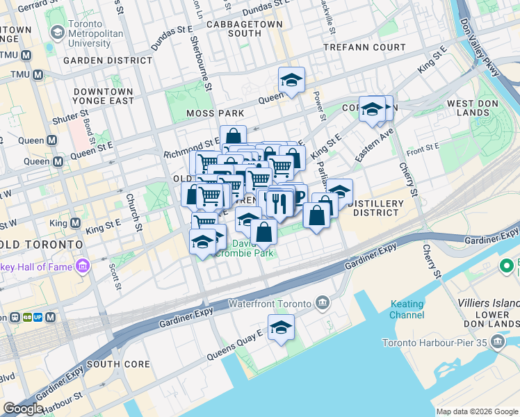 map of restaurants, bars, coffee shops, grocery stores, and more near in Toronto