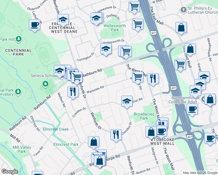 map of restaurants, bars, coffee shops, grocery stores, and more near in Toronto