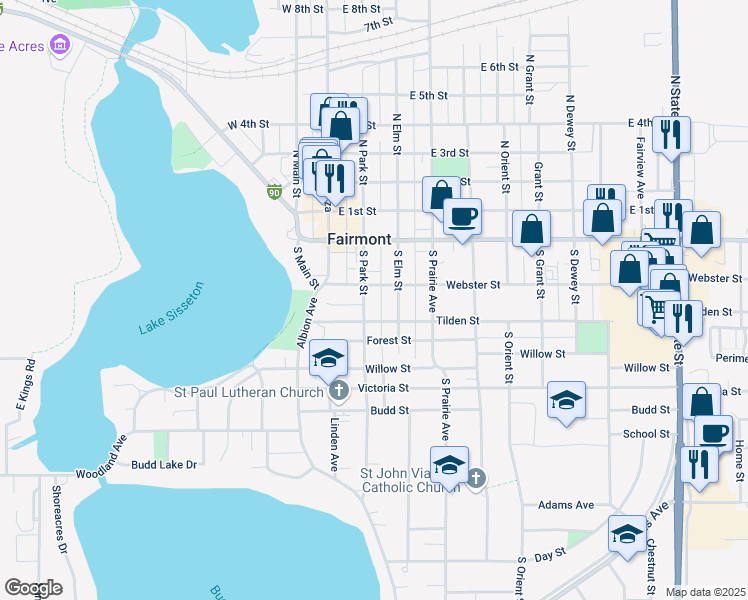 map of restaurants, bars, coffee shops, grocery stores, and more near 319 South Park Street in Fairmont