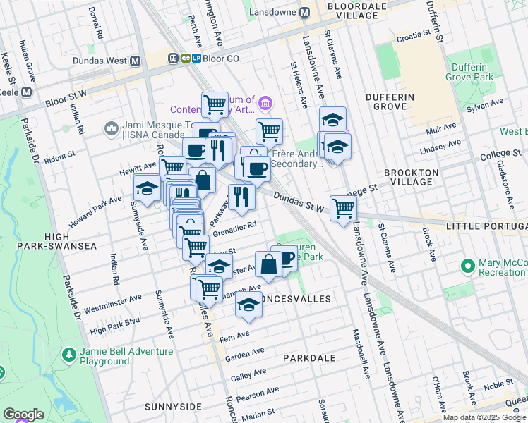 map of restaurants, bars, coffee shops, grocery stores, and more near 1 Columbus Avenue in Toronto