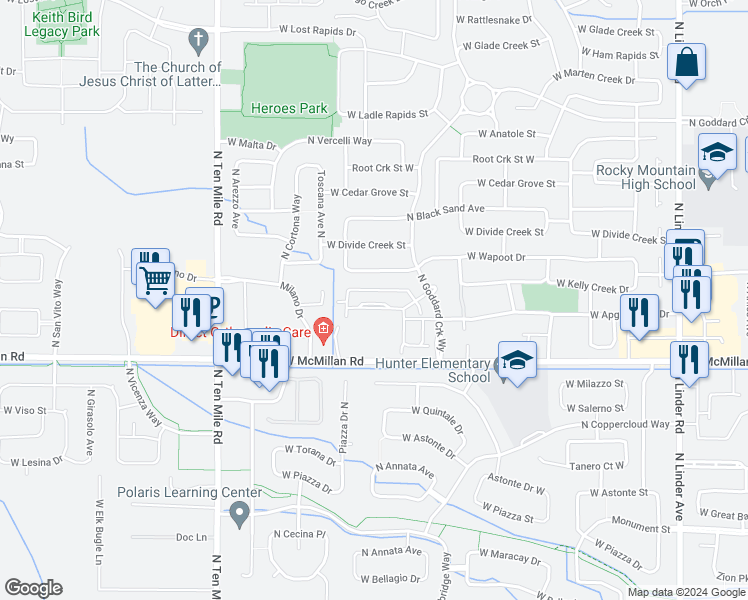 map of restaurants, bars, coffee shops, grocery stores, and more near 2766 West Selway Rapids Lane in Meridian