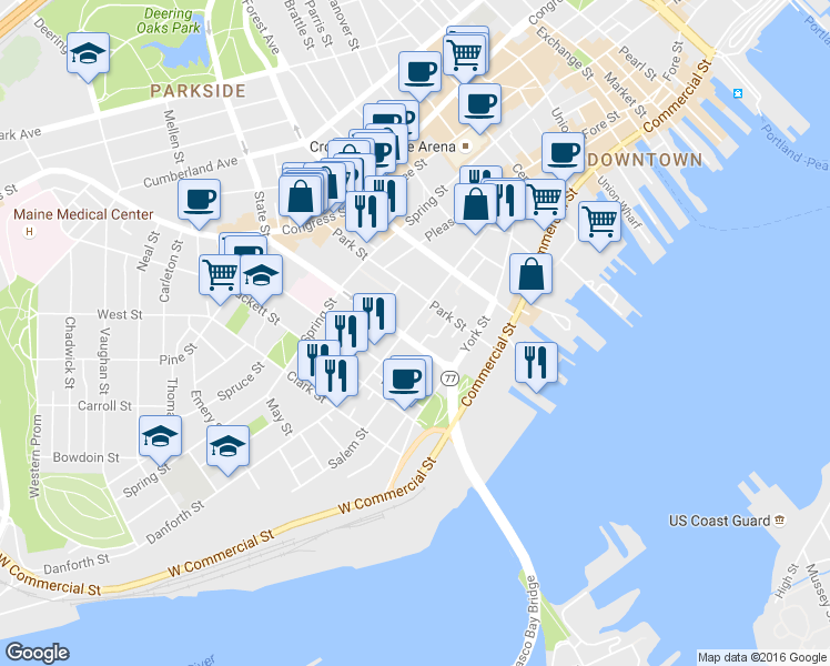 map of restaurants, bars, coffee shops, grocery stores, and more near 62 State Street in Portland