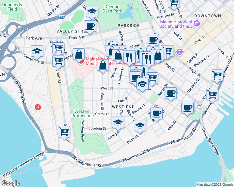 map of restaurants, bars, coffee shops, grocery stores, and more near 11 Carleton Street in Portland