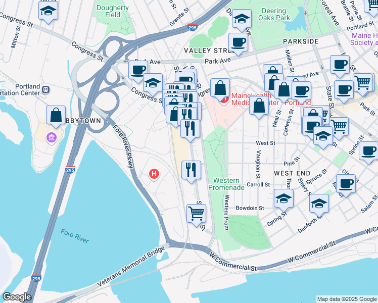 map of restaurants, bars, coffee shops, grocery stores, and more near 210 Saint John Street in Portland