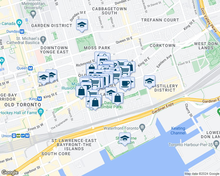 map of restaurants, bars, coffee shops, grocery stores, and more near in Toronto