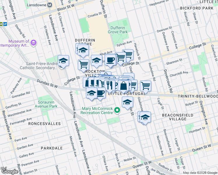 map of restaurants, bars, coffee shops, grocery stores, and more near 128 Sheridan Avenue in Toronto