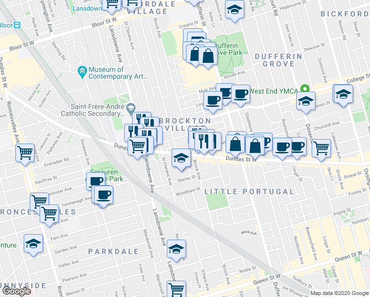 map of restaurants, bars, coffee shops, grocery stores, and more near in Toronto