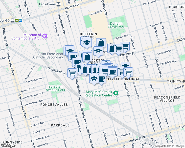 map of restaurants, bars, coffee shops, grocery stores, and more near in Toronto