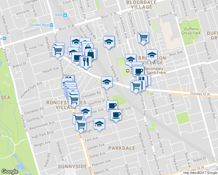 map of restaurants, bars, coffee shops, grocery stores, and more near 369 Sorauren Avenue in Toronto