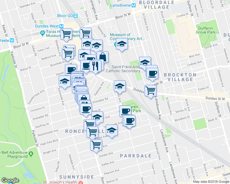 map of restaurants, bars, coffee shops, grocery stores, and more near in Toronto