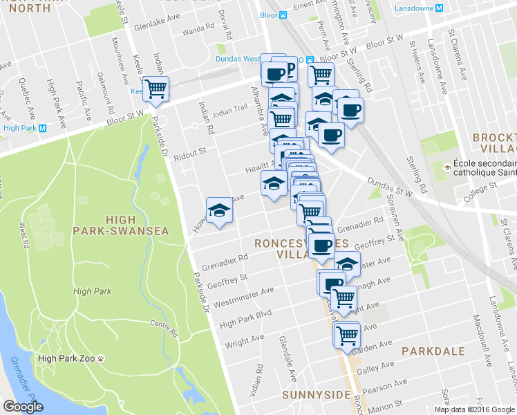 map of restaurants, bars, coffee shops, grocery stores, and more near in Toronto