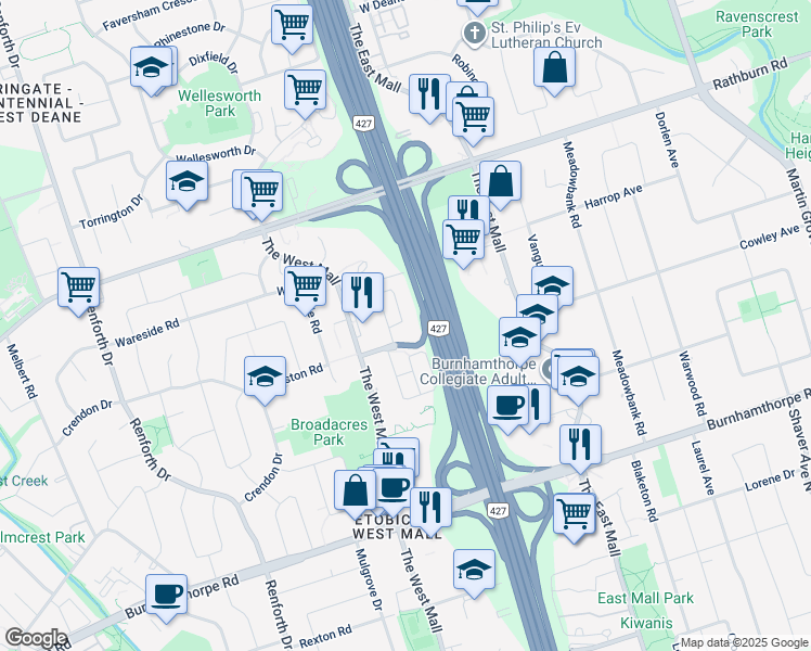 map of restaurants, bars, coffee shops, grocery stores, and more near in Toronto