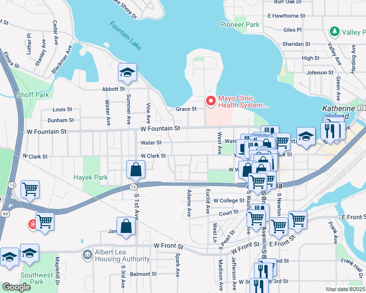 map of restaurants, bars, coffee shops, grocery stores, and more near 624 West Clark Street in Albert Lea