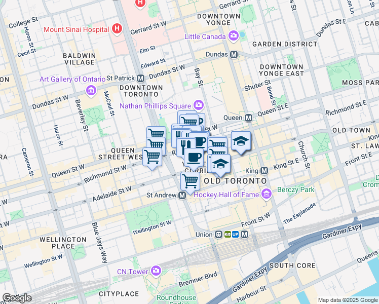 map of restaurants, bars, coffee shops, grocery stores, and more near in Toronto
